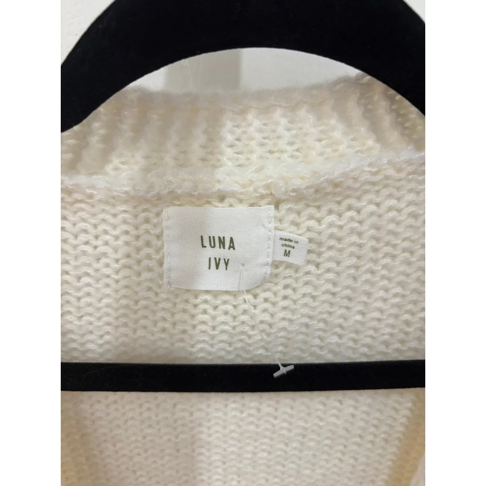 Luna Ivy Cream Cherry‎ Pom Pom Open Front Chunky Knit Cardigan Sweater Womens M
